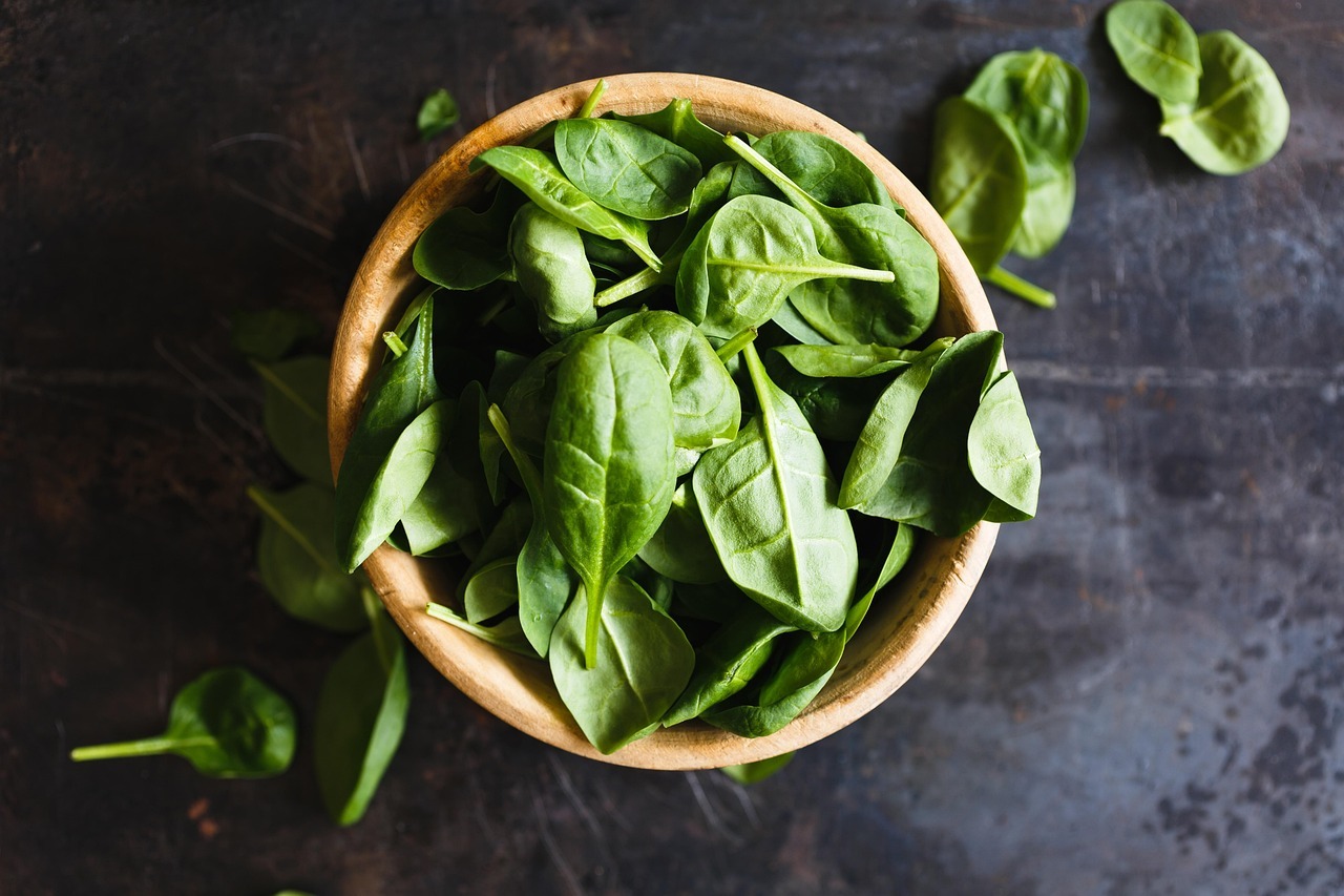 top view of bowl of spinach