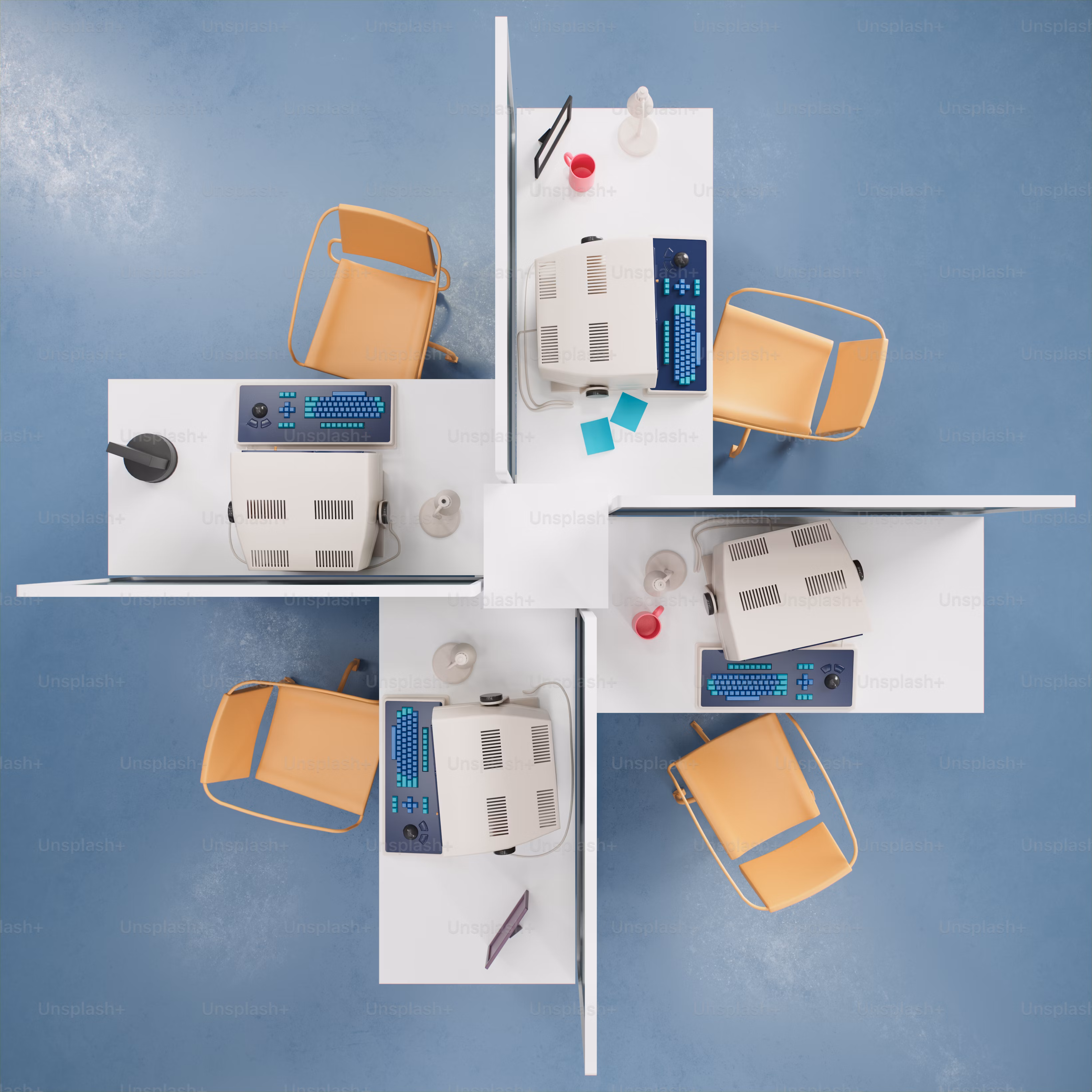 Still from the TV show Severance showing office computers, symbolizing the separation of work and personal life and the unrealistic divide between them.